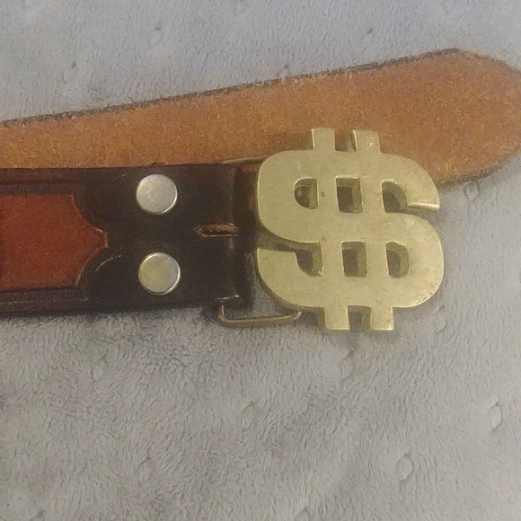 Brass and leather Dollar sign vintage belt - Picture 1 of 8